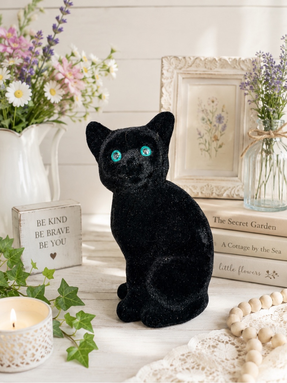 Black Velvet Cat Figurine with Green Eyes - MCM Accent 8"